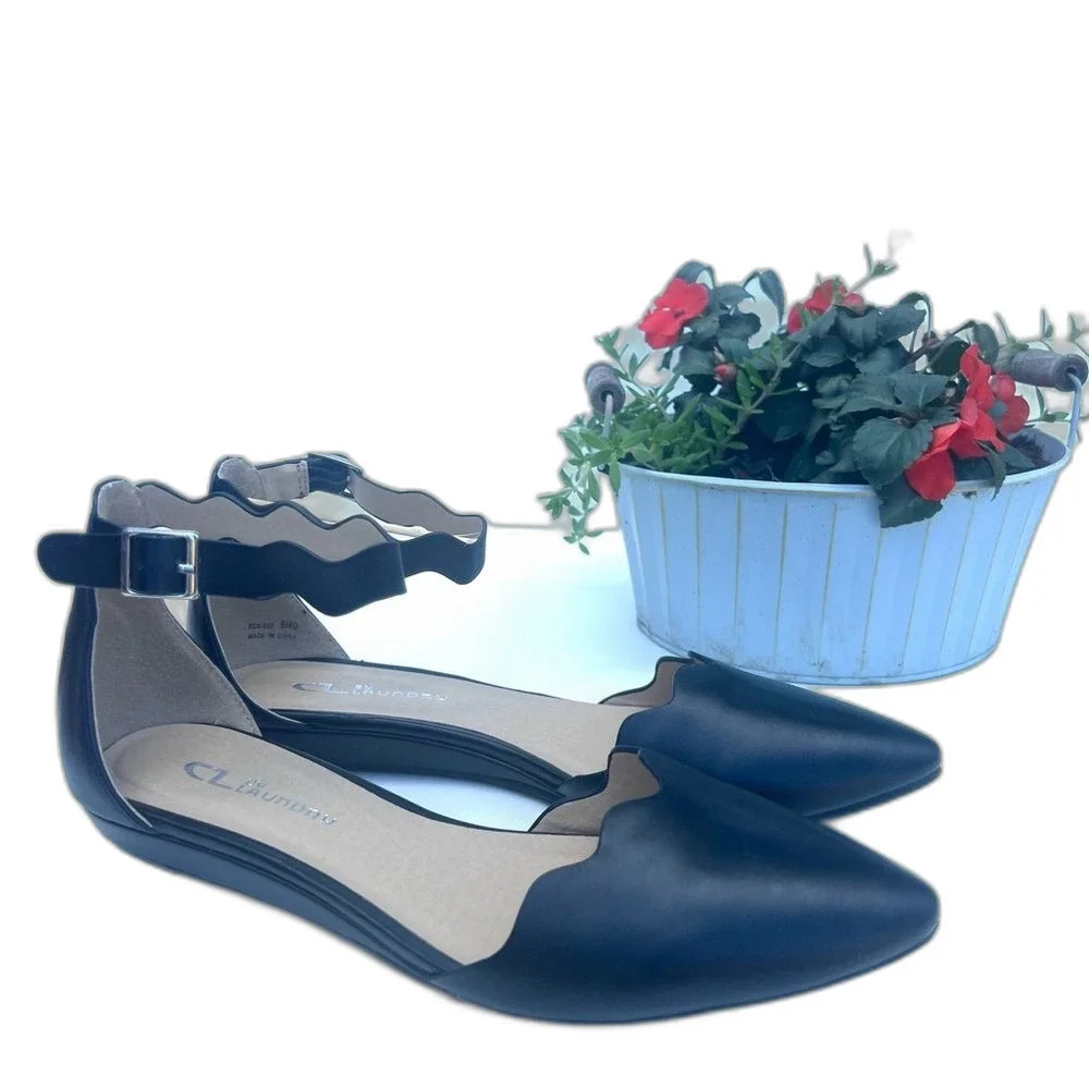CL by Laundry Studio Pointed Toe Sliver Wedge Black Minimalist D’orsay Pump SZ 9